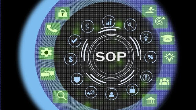 SOP, Standard operating procedure concept.SOP icons on virtual screen. Standard operating procedure with instruction, quality, process, operation, sequence and workflow.