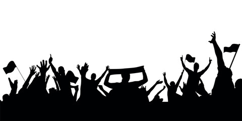 Black silhouette of soccer fans cheering with flags and scarf  crowd of people celebrating sports victory for football match banner, stadium atmosphere, and championship event poster © Yaba Daba Duu