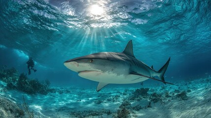 Fototapeta premium Great white shark swimming in deep blue ocean water