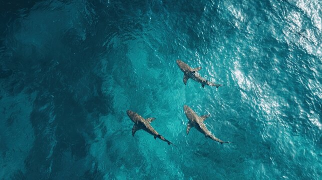 Overhead view of a shark pack swimming in crystal clear turquoise ocean water