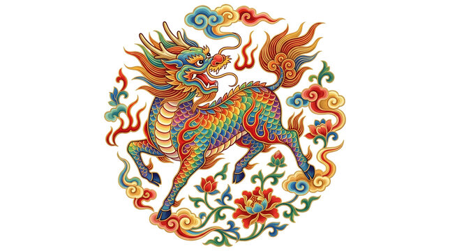Colorful qilin mythical creature surrounded by auspicious clouds and floral motifs in traditional decorative pattern