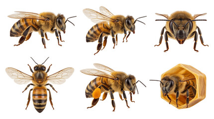 Six detailed honey bee photos showing multiple poses, close-ups and a bee in a hive cell on a transparent background