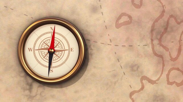 Vintage style compass needle spinning on old map with copyspace