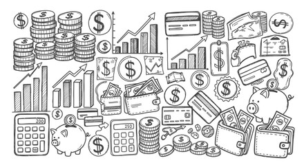 Naklejka premium Detailed hand drawn doodle pattern with finance and business elements, including money, charts, credit cards, and piggy bank.