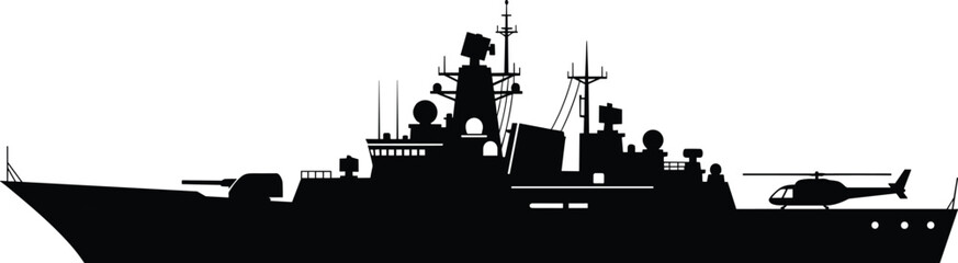 Naval warship silhouette with helicopter on deck, military navy vessel concept, defense and maritime security, armed forces ship isolated on white background illustration © MST