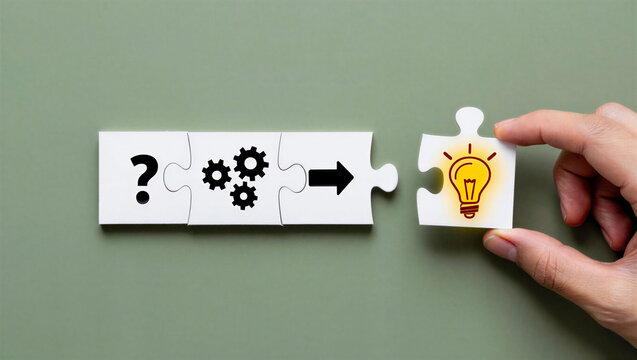 Creative Problem Solving Concept with Puzzle Pieces, Question Mark, Gears and Glowing Lightbulb in Hand &ndash; Business Innovation, Idea Generation, Strategy Thinking Visual
