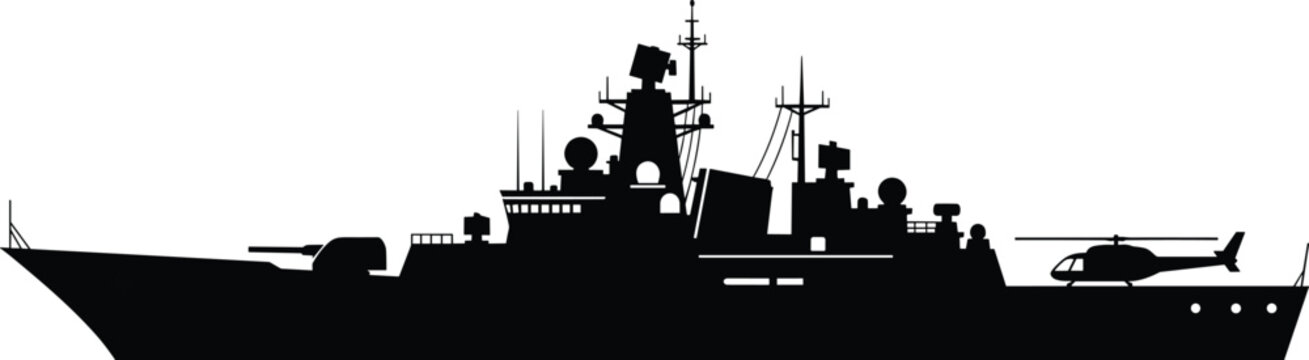 Naval warship silhouette with helicopter on deck, military navy vessel concept, defense and maritime security, armed forces ship isolated on white background illustration