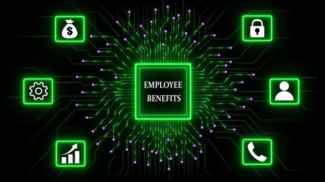 Employee Benefits Technology Network with Data Security and Automation. Employee Benefits  Return on investment financial growth concept. Abstract glowing green circuit board background. 4k video
