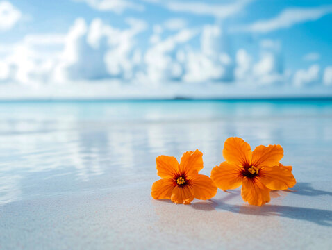 Bright orange flowers resting on shallow water with reflections and a soft tropical beach background