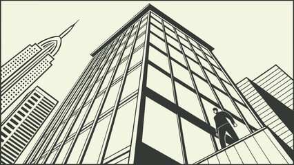 Fototapeta premium A minimalist vector illustration of a businessman standing on the edge of a skyscraper