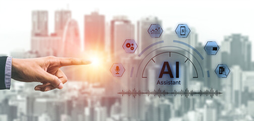 Digital AI assistant interface with task flow, voice, automation and analytics shown in intelligent...