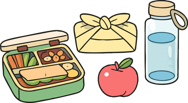 Colorful cartoon illustration of lunchbox, food, apple, and water bott