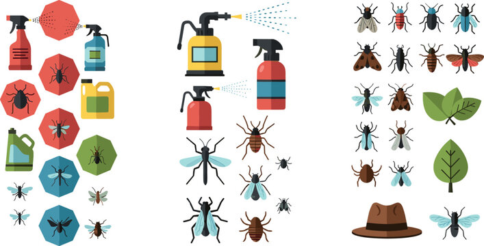 Insect Repellent and Pest Control Icon Set Featuring Sprayers, Bugs, and Nature Elements for Household, Gardening, and Protection Themes
