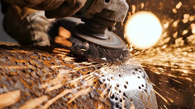 A close-up of a worker scrubbing rust from a metal pipe using a wire brush, creating sparks and revealing a shiny surface, with a blurred background