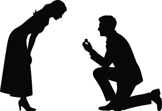 Romantic man kneeling and proposing to a woman with a ring in silhouette for wedding engagement, marriage proposal, and Valentine's Day greeting card designs.