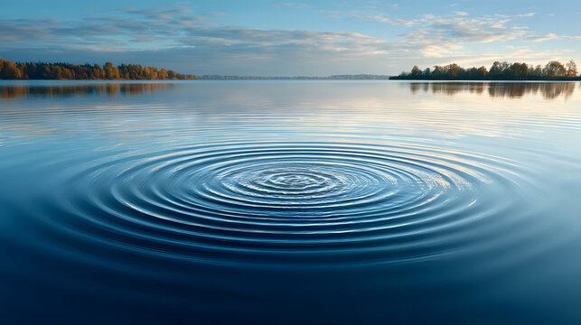 Calm lake with ripples forming sound waves under serene sky, surrounded by autumn trees reflecting on water