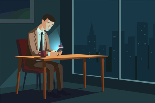 Businessman stressed by smartphone and constant notifications at night, digital anxiety concept, flat vector illustration