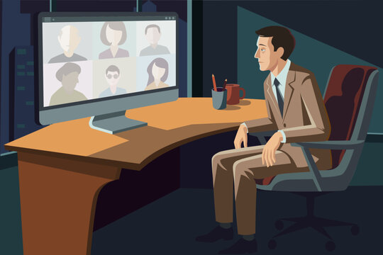 Businessman tired of online video meetings on computer, zoom fatigue concept, flat vector illustration