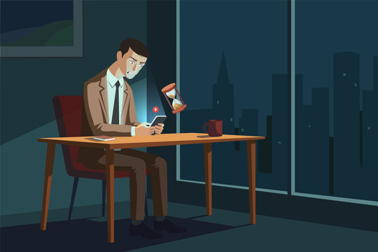 Businessman stressed by running out of time with clock, deadline anxiety concept, flat vector illustration