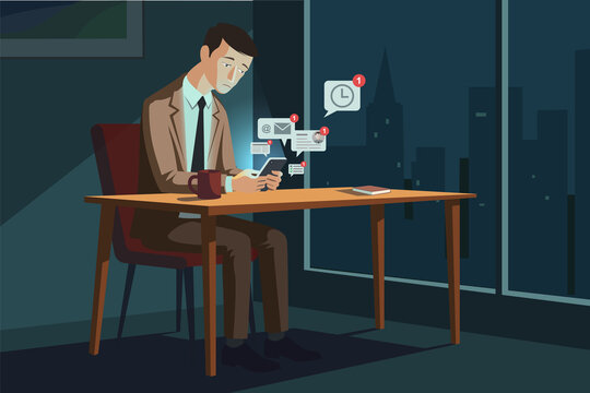 Businessman overwhelmed by digital notifications at work, information overload concept, flat vector illustration