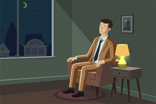 Businessman practicing calm breathing and relaxation at home, stress relief concept, flat vector illustration