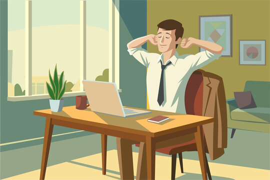 Businessman working in healthy routine with clean workspace and daylight, productivity concept, flat vector illustration