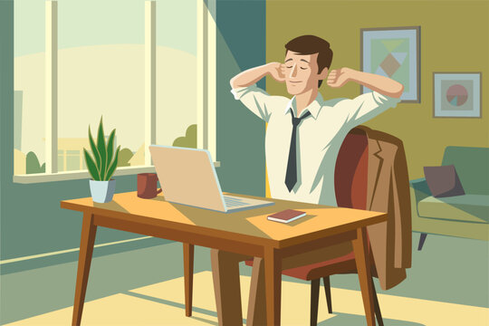 Businessman working in healthy routine with clean workspace and daylight, productivity concept, flat vector illustration