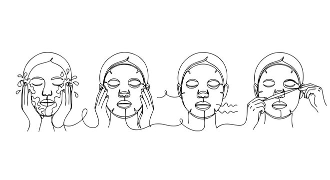 One line drawing face mask skincare instruction icons beauty routine outline vector illustration