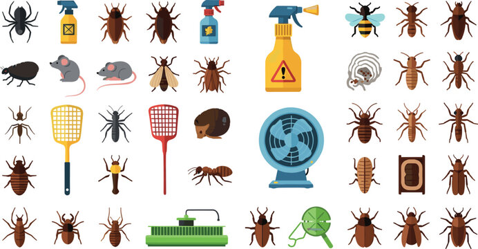 Pest Control Icon Set Featuring Bugs, Sprays, Traps, Mice, and Protection Tools for Household, Gardening, and Safety Themes