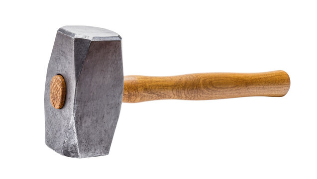 Heavy duty steel sledgehammer with a natural wooden handle, isolated on transparent background for construction concepts