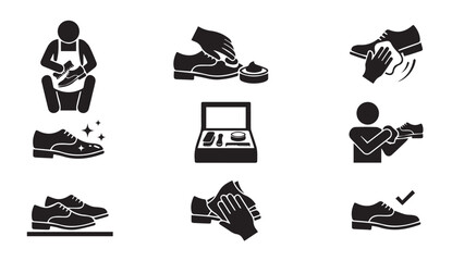 Fototapeta premium Shoe cleaning and leather care icon set for maintenance and polishing