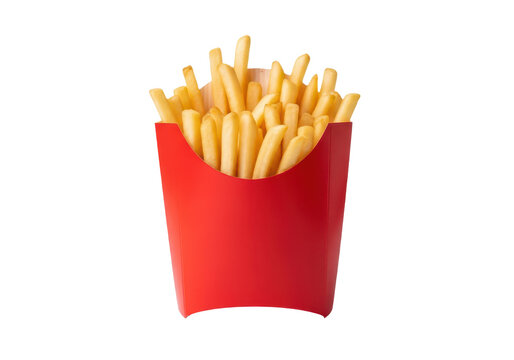 A red carton filled with crispy golden french fries isolated on transparent background
