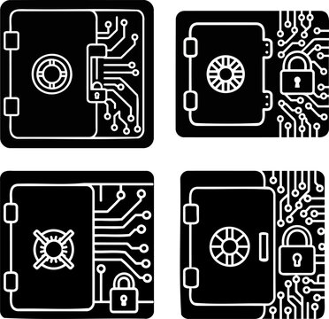 Digital vault and circuit board icons set for secure data storage and fintech apps