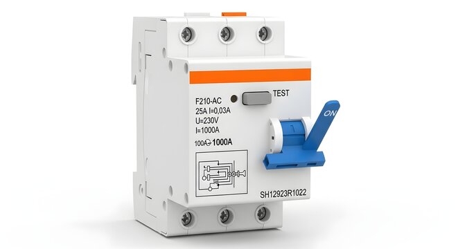 Modern electrical circuit breaker with blue test button on white background for safety and power management