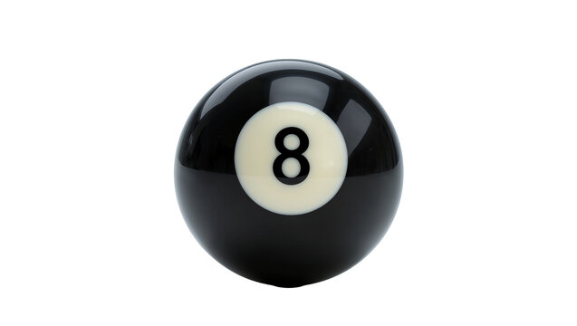 Glossy black eight ball with number eight, isolated on transparent background for games