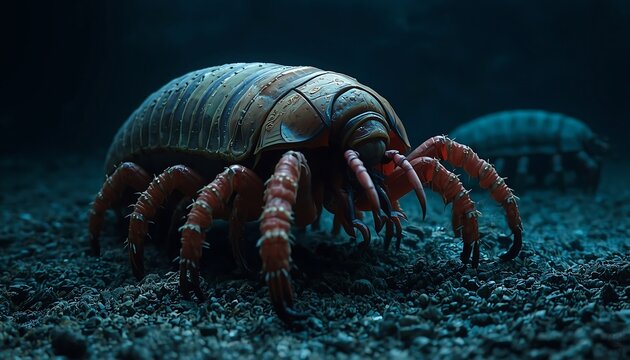 A giant, ancient-looking deep-sea isopod-like creature with segmented armor rests on the dark pebbly ocean floor.
