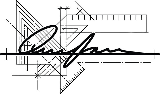 Architect signature on technical drawing with blueprint background lines