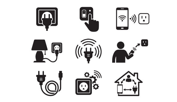 Smart electric plug and power control icon set for home automation