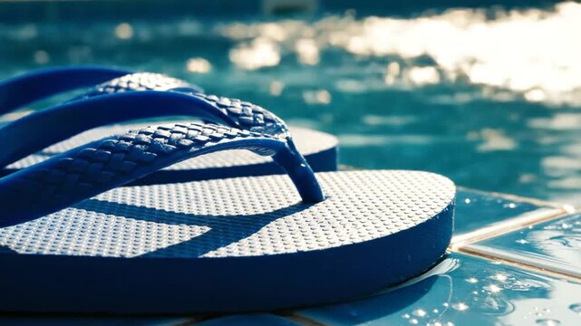 Blue flip-flops resting on wet swimming pool tiles during a sunny day