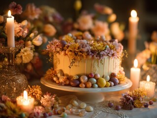 Naklejka premium Spring Celebration With a Decorated Cake and Floral Arrangements at a Cozy Gathering