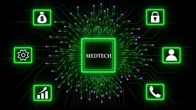 Medtech concept. Technology Network with Data Security and Automation. Medtech Return on investment financial growth concept. Abstract glowing green circuit board background. 4k video