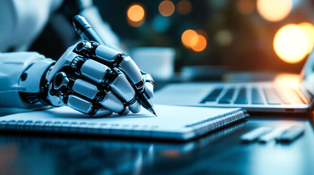AI Robot Writing on Notebook Beside Laptop &ndash; Artificial Intelligence Automation, Machine Learning Workspace, Future Technology Productivity, Digital Assistant Concept