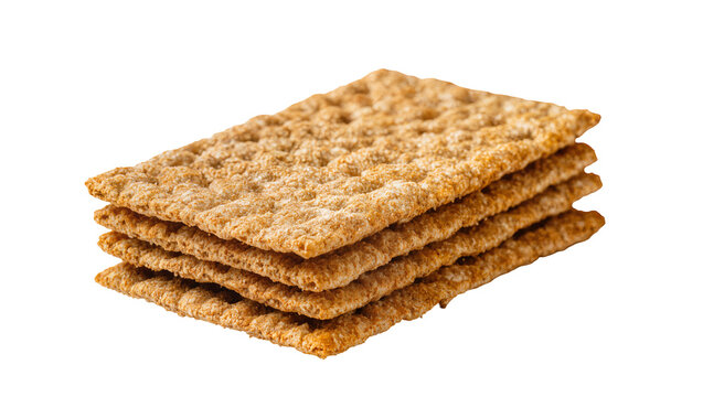 Five stacked crispy rye crispbreads, isolated on transparent background