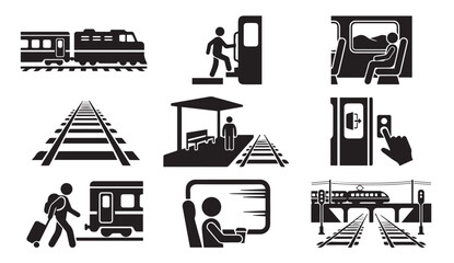 Train travel railway transportation and passenger station silhouette icon set © MstMili