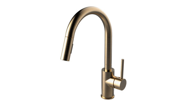 Brushed gold faucet curved spout handle, isolated on transparent background