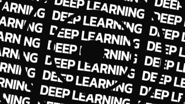 Rotating circular text animation displaying deep learning term arranged in concentric motion with central empty space for overlay content.
