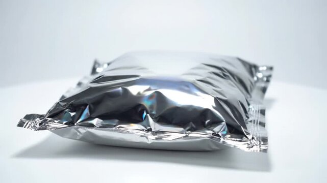 Close-up of a silver foil package on a white surface with light reflections, product packaging concept