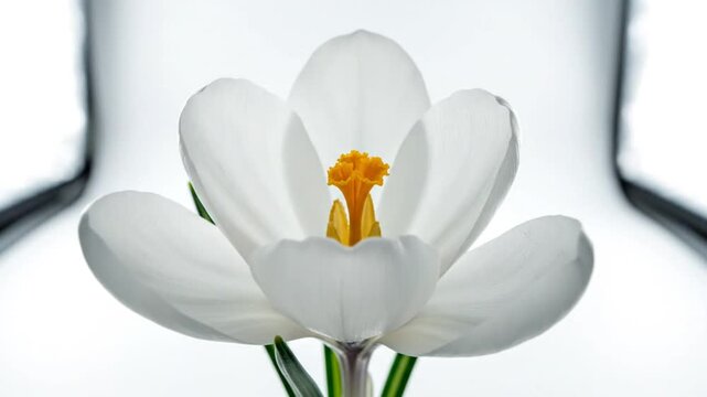 Time-lapse of a delicate white crocus flower blossoming, revealing its vibrant orange center against a bright background
