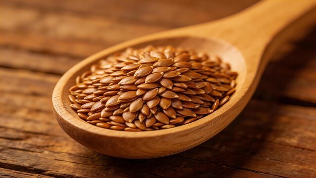 Wooden spoon with seeds on wooden surface