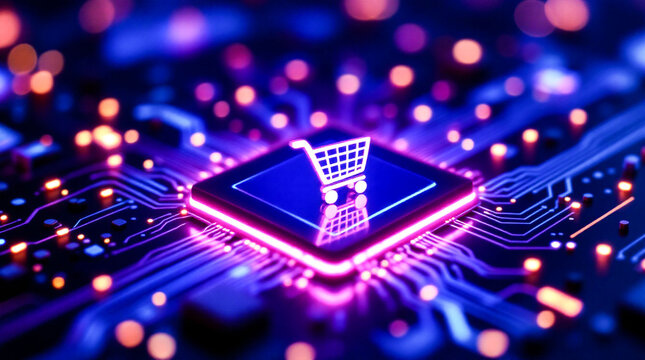 Neon Digital Shopping Cart on Microchip Circuit Board &ndash; E Commerce Technology, Online Retail Platform, AI Powered Marketplace, Futuristic Fintech Payment System Concept